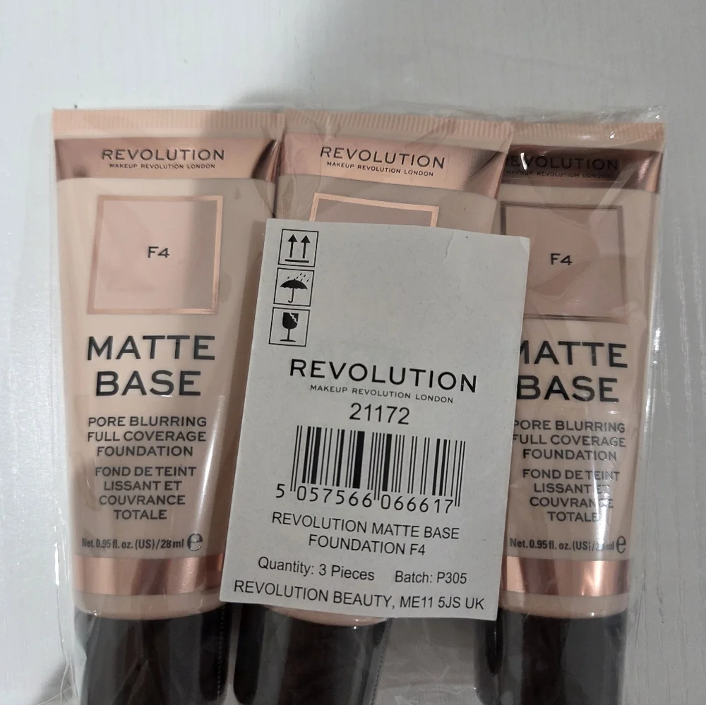 3 Units-Revolution Matte Base Foundation F4 Beige - Full Coverage Pore Blurring